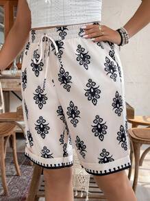 SHEIN Holidaya 大尺碼女式時尚夏日假日風格印花寬鬆短褲