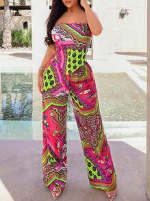 SHEIN SXY Ensemble deux pièces de vacances composé d'un foulard tête imprimé cachemire et d'un pantalon droit taille haute