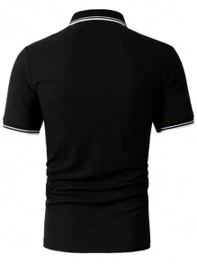 Manfinity Homme 男士夏季騎士印花條紋短袖休閒Polo衫，適用於工作與休閒 - 黑色 - 查看 2
