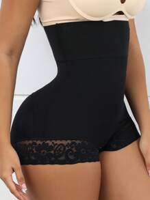 SHEIN 純色蕾絲拼接高腰塑形褲底，腹部控制 - 黑色 - 查看 4