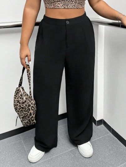 SHEIN EZwear Plus Size Women's Loose Fit Pleated Wide Leg Black Dress Pants Graduation,Back To School,Teacher Outfits For Women In Fall/Winter