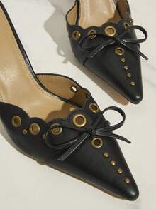 Hauture Women Feminine Ribbon Hole Eyelet Detail Pointed Toe High Heel Mule - Black - View 4