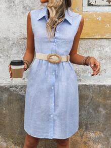 SHEIN LUNE 女式無袖有領條紋襯衫裙-適合老師穿著 - 藍白色 - 查看 1