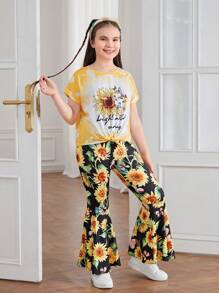 SHEIN Tween Girl Extended Size Spring/Summer Commuting Casual Knitted Sunflower Short Sleeve Top And Flared Pants Set - Yellow - View 5