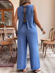 SHEIN Clasi Plus Size Women's Vacation Solid Color Back Strap Round Neck Vest And Loose Wide Leg Pants, 2pcs/Set - Blue - View 3