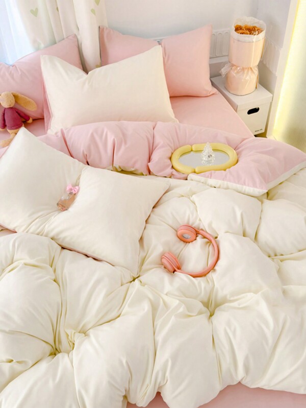 Juego de ropa de cama reversible de 3 piezas en blanco y rosa, de vuelta a la escuela