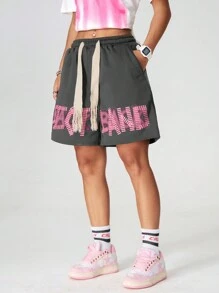 SHEIN Coolane Women's Printed Drawstring Simple Casual Shorts For Daily Wear