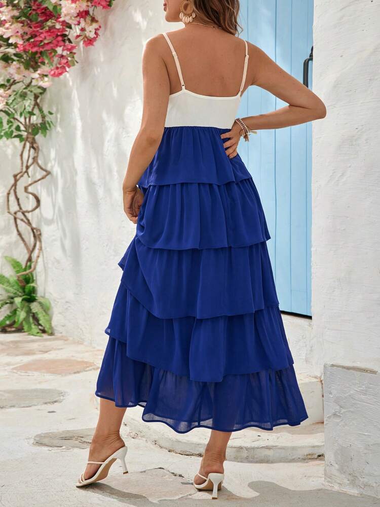 Maternity Casual & Workwear Spaghetti Strap Asymmetrical Hem Color Block Cake Dress Long, Fitted Pregnancy Dress