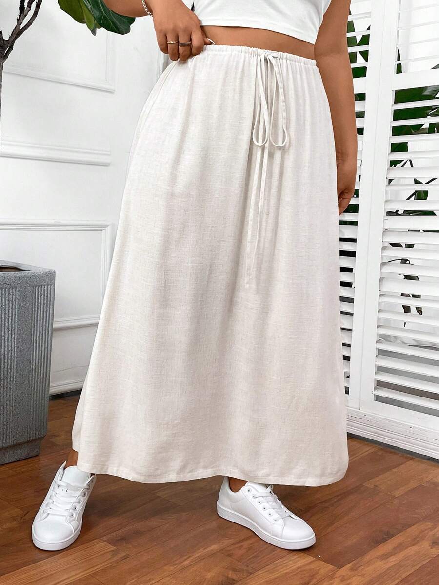SHEIN EZwear Plus Size Casual Texture Wearing Rope Casual Skirt - Apricot - View 1