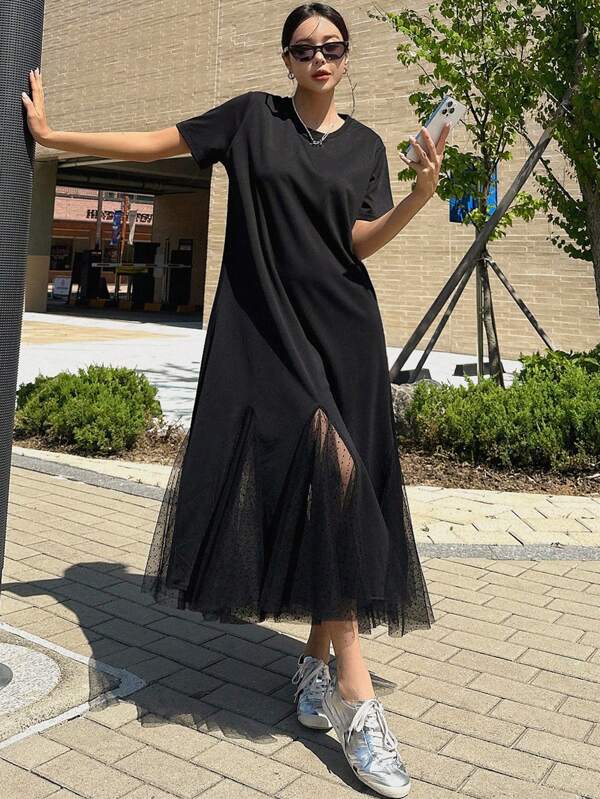 DAZY 女士纯色简约日常短袖连衣裙太阳裙