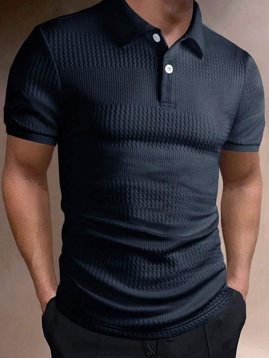 Manfinity Homme Men's Summer Solid Color Short Sleeve Casual & Commuting Polo Shirt - Navy Blue - View 1