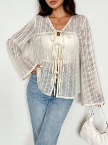 SHEIN Essnce Summer Women's Beige Crochet Hollow-Out Long Sleeve Top Summer Top Tie Front