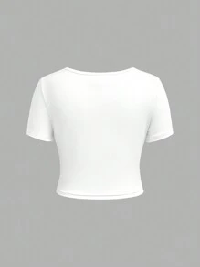 SHEIN Girlism Tween Girl 3pcs Knitted Solid Color Square Neck Casual Short Sleeve T-Shirt Set - Hot Pink - View 5