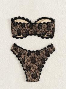 Women's Summer Beach Floral Lace Bandeau Sexy Bikini Set, Two-Piece Bikini Set - Multicolor - View 2