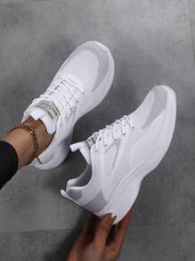 女士透气飞织厚底运动鞋，休闲系带户外鞋，舒适低帮跑步鞋 - 白色 - 查看 1