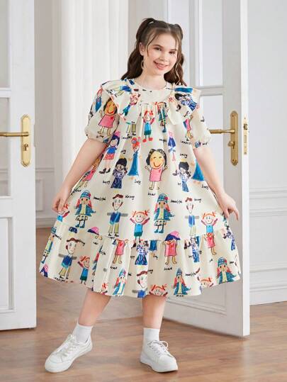 SHEIN Tween Girls' Extended Size Sweet & Casual Ditsy Floral Woven Short Sleeve Dress, Spring/Summer