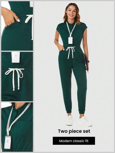 TaskEZ Kvinnors sjuksköterskeuniform kirurgisk klänning Health Worker Uniform Scrub Jumpsuit med axelärmar, 4 fickor och dragsko i midjan