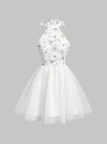 SHEIN MOD Váy mùa hè lưới phồng màu trắng dành cho nữ có thêu hoa dễ thương đầy màu sắc, nơ cổ, váy cưới bong bóng, váy ngắn tốt nghiệp - Nhiều màu - Xem 1