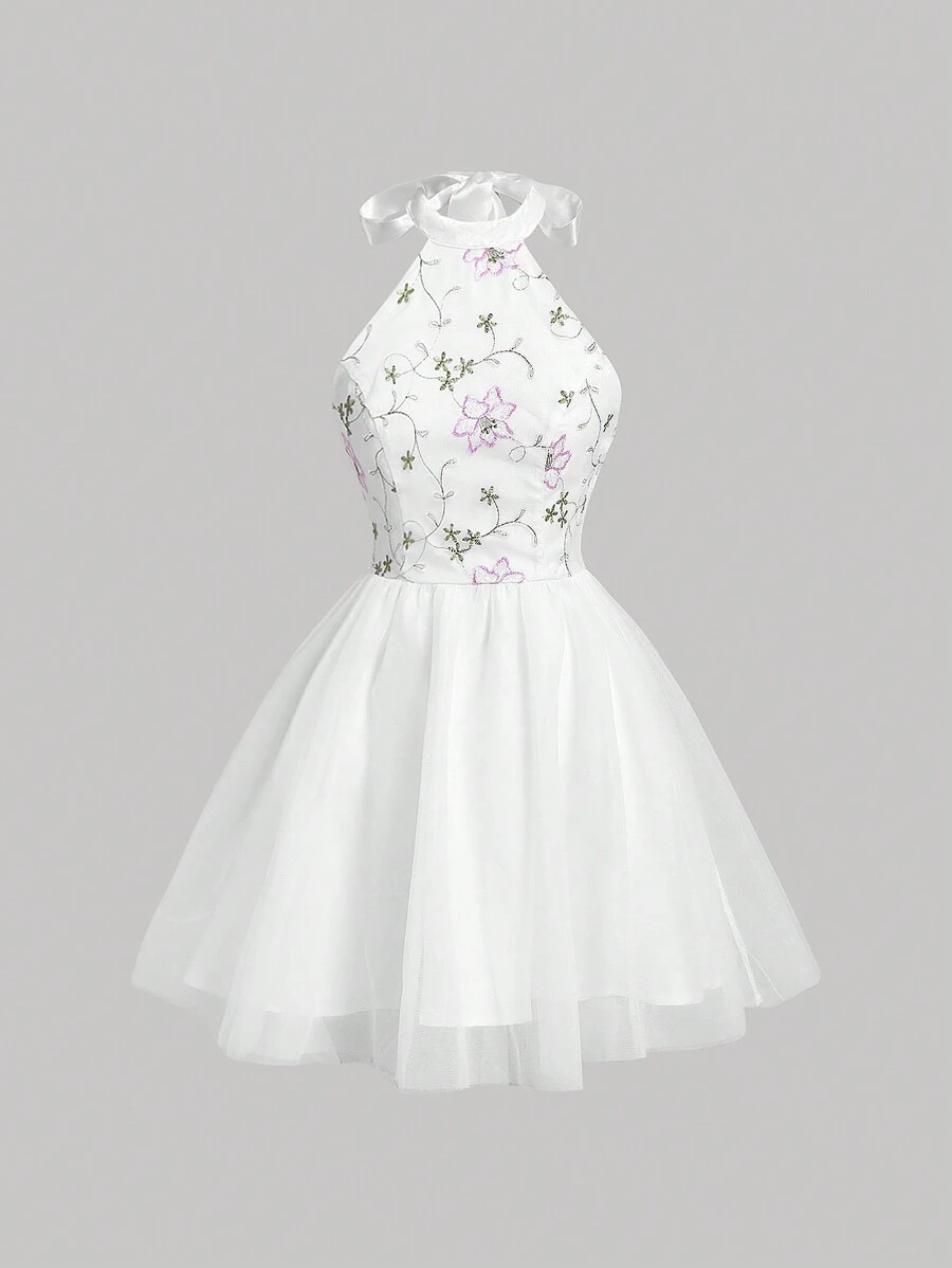 SHEIN MOD Váy mùa hè lưới phồng màu trắng dành cho nữ có thêu hoa dễ thương đầy màu sắc, nơ cổ, váy cưới bong bóng, váy ngắn tốt nghiệp - Nhiều màu - Xem 1