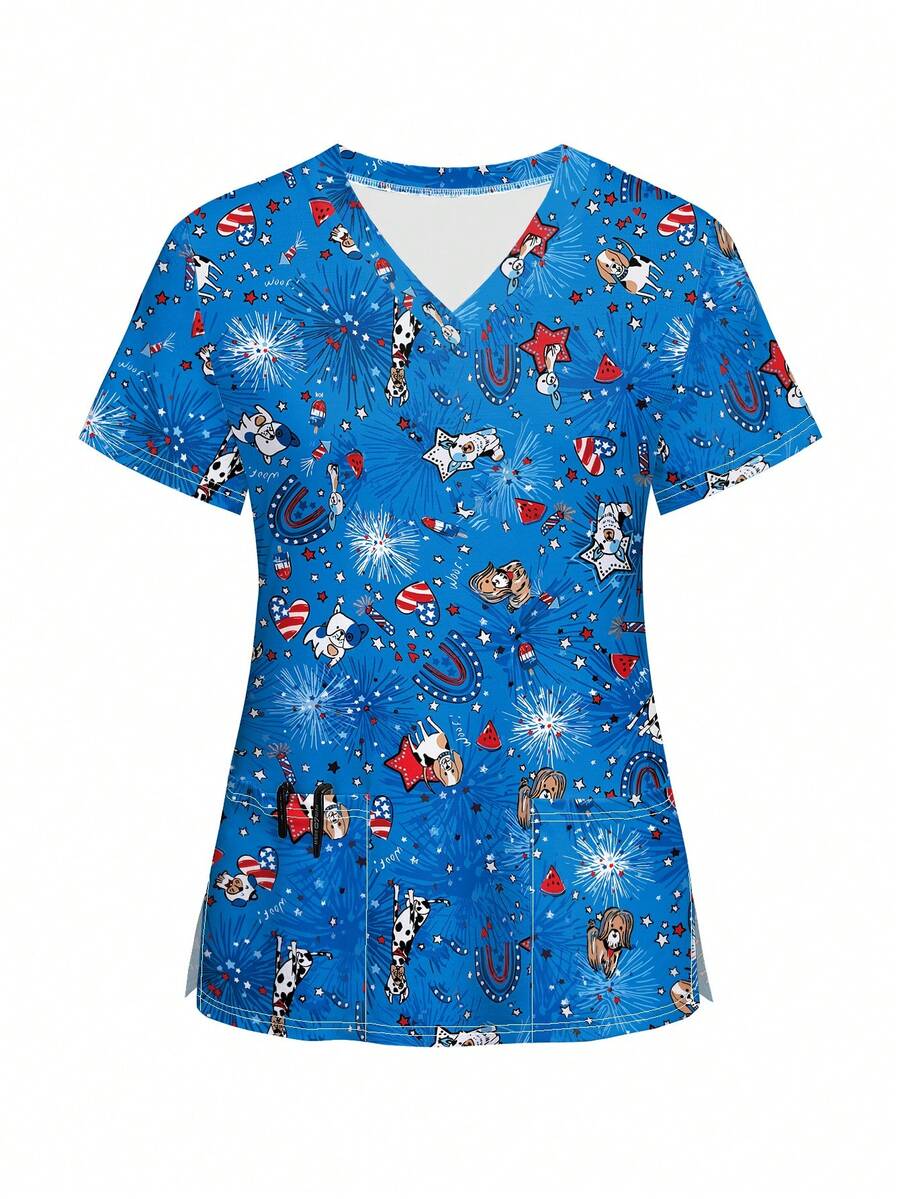 Fashionable Printed Short Sleeve Uniform Scrub Top For Daily Wear - Blue - View 1