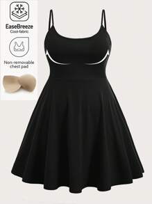 SHEIN EZwear Đầm Cami đen cỡ lớn dành cho nữ cho mùa hè, mùa thu, đi học, đi học, hoạt động ngoài trời/trong nhà, Yoga, giải trí, mặc hàng ngày, có chức năng làm mát, thân thiện với làn da, không dính, vải mịn, có thể tháo rời Miếng đệm ngực, thiết kế chữ A (Miếng đệm không thể tháo rời) - màu đen - Xem 4