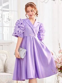 SHEIN Vestido de estilo traje morado para adolescente con solapa escalonada, mangas y detalles florales en 3D en cierre de doble botonadura, estilo elegante - Morado - Ver 4