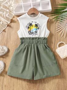 Young Girl Casual Knitted Ribbed Jumpsuit With Tropical Coconut Tree & Letter Print, Patchwork Contrast Color, Pockets & Bowknot Detail - White - View 4