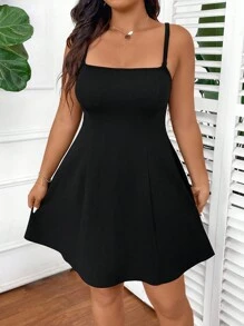 SHEIN EZwear Plus Size Summer Simple Square Neck Sleeveless Dress,Graduation Dress - Black - View 3