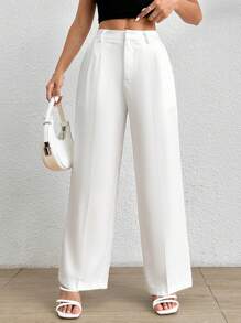 SHEIN PETITE Pantalones blancos sueltos plisados de unicolor para mujeres, mujeres de talla pequeña - Blanco - Ver 1