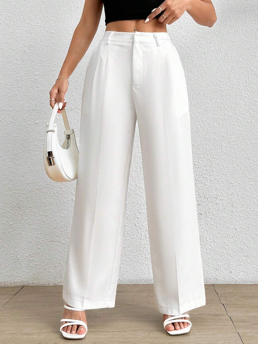 SHEIN PETITE Pantalones blancos sueltos plisados de unicolor para mujeres, mujeres de talla pequeña - Blanco - Ver 1