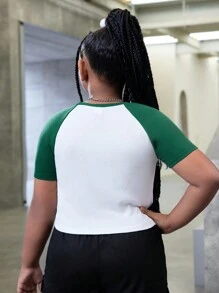 SHEIN Tween Girl, extra groot, sportief en casual, gebreide kleurblokkerende top met ronde hals, raglanmouwen en korte mouwen, lente/zomer