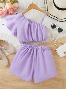 Tween Girl Sweet & Cute Ruffle Hem Summer Top And Shorts Two-Piece Set - Purple - View 2