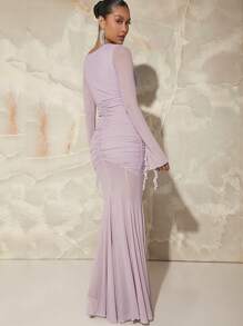 L'Amorae Fall Women Clothes, Pink Contrast Mesh 3d Flower Contrast Color Hollow Out Dress, Formal Dress - Lilac Purple - View 3