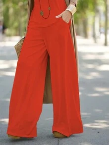 Minimalist Casual Solid Color Round Neck Sleeveless Vest And Loose Wide Leg Pants Women's Suit - Orange - View 3