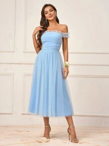 SHEIN Belle Vải lưới màu xanh lãng mạn dành cho nữ với tay áo trễ vai lạnh, váy chữ A lưới phồng có diềm xếp nếp với phần lưng hở, thích hợp cho các sự kiện đám cưới lãng mạn, váy phù dâu trang trọng - Màu xanh lam - Xem 7