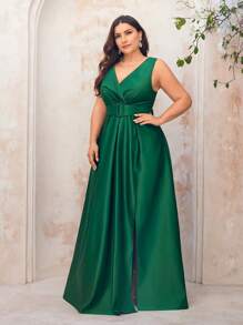 SHEIN Belle PLUS Size Dark Green Vintage Deep V Neck Stacked Strap Design Pleated High Slit Distribution Belt A-Line Elegant Simple Formal Evening Gowns - Green - View 7