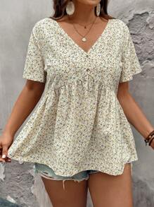 SHEIN LUNE Plus Size Women Floral Pattern V-Neck Short Sleeve Mother Day Shirt For Spring/Summer - Apricot - View 6