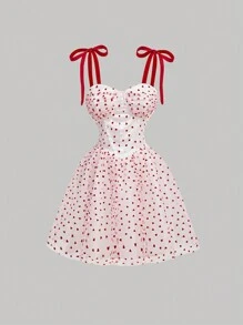 SHEIN MOD Vintage Romantic Heart Shaped Multi-Layered Mesh Ribbon Slim Fit Mini Dress Graduation Dresses Graduation - Red and White - View 1