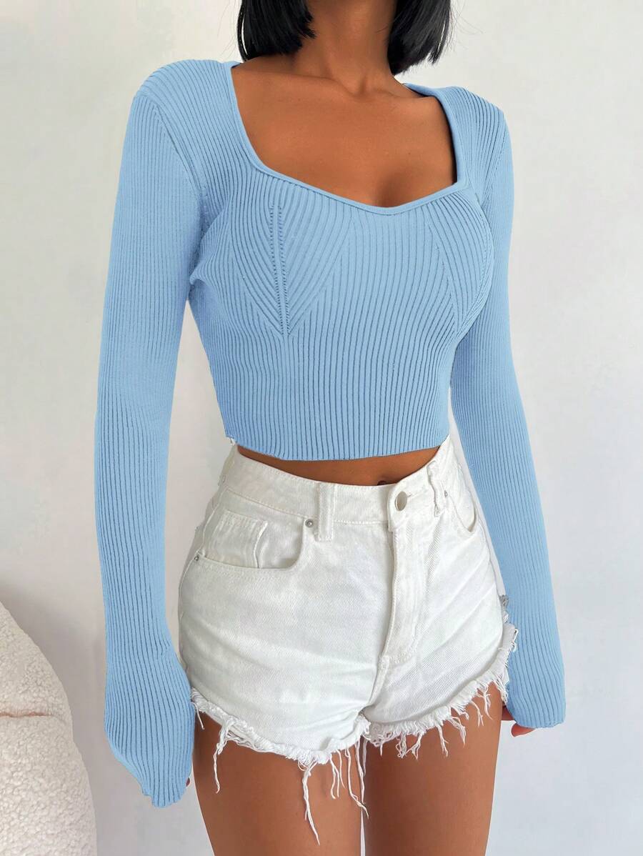 SHEIN Cottnline Solid Color Short Knit Sweater With Sweetheart Neckline - Blue - View 1