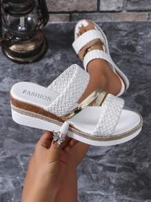 Women's Open Toe Plain Woven Belt Large Size Wedge Heel Thick Bottom Sandals - White - View 5