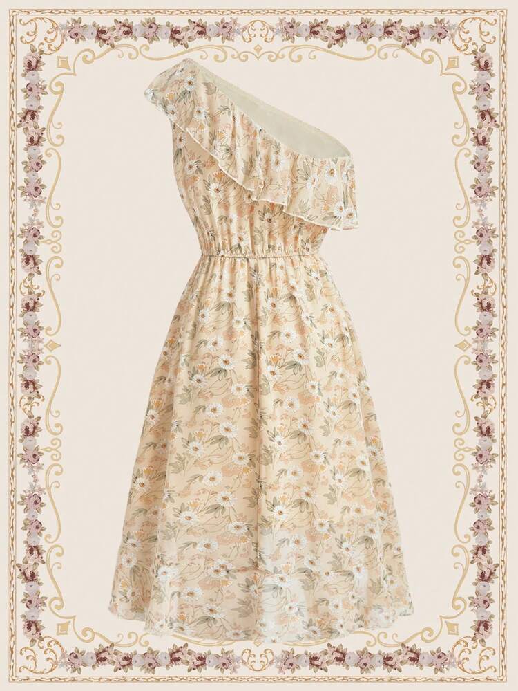 Women's Vintage One Shoulder Frill Trim Yellow Floral Asymmetric Midi Dress,Beige,Summer,Boho,Tea Party,Holiday Hawaiian Beach Cottagecore Outfits