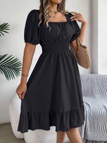 Spring/Summer Casual Vacation Puff Sleeve Drawstring Short Sleeve Floral Dress - 黑色 - 查看 3