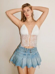 SHEIN ICON 女士夏季純色花邊露背騎腰領家居背心 - 白色 - 查看 6
