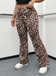 SHEIN EZwear Plus Size Leopard Print Simple Daily Flared Pants - Brown - View 4