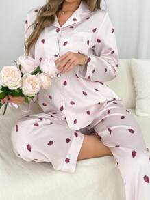 Women's Strawberry Allover Print Long Sleeve Pajama Set With Long Pants