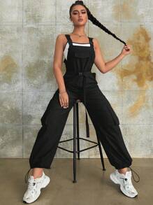 Y2K Streetwear Style Buckle Waist Belt, Flap Pocket, Side Cargo Parachute Jumpsuit - Black - View 6