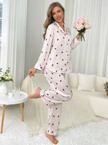 Women's Strawberry Allover Print Long Sleeve Pajama Set With Long Pants
