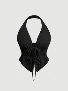 SHEIN MOD Green Summer Holiday Pleated Texture Halter Top With Bow Tie - Black - View 1
