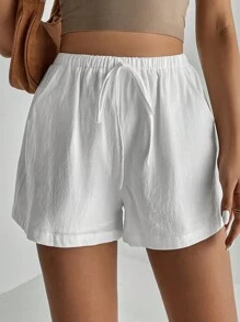 SHEIN Tall Shorts solidos de Florida con nudo delantero - Blanco - Ver 7