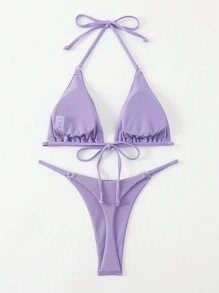Ensemble bikini sexy unicolore pour femme avec bretelles à cou de ras-du-cou pour plage d'été
